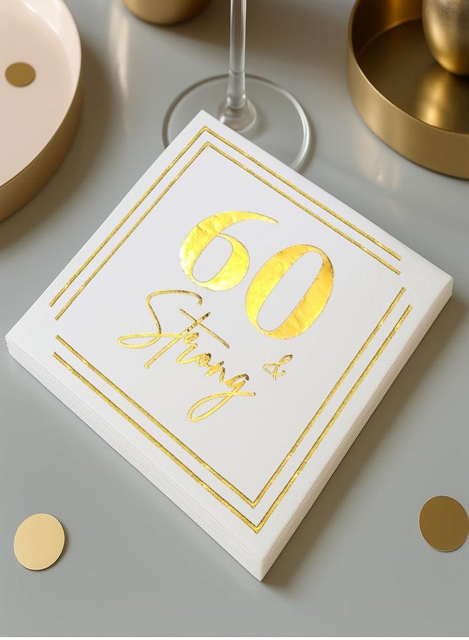 Cloverjoyed 60th Birthday Cocktail Napkins, Gold 60 Years Old Bday Party Decorations, "60 & Strong" Disposable Paper Napkin Decor for Men & Women, Milestone Anniversary Celebration, Fabulous Gift Ideas, 50 Pack - Image 5